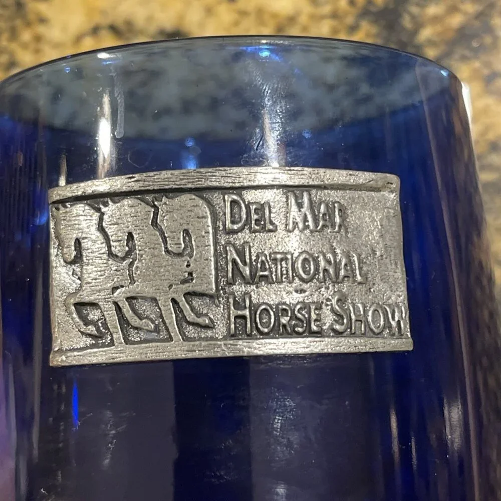 Hand Cast USA Pewter Plaque - Cobalt Blue Glass Cup Made In France Del Mar Horse